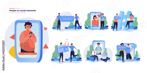 Illustration collection set of people on social media network concept