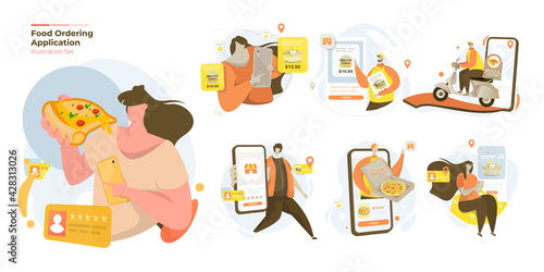 Illustration set of people with online food order and reviews application