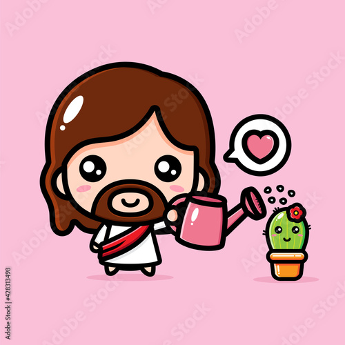cute cartoon jesus vector design watering cactus flower
