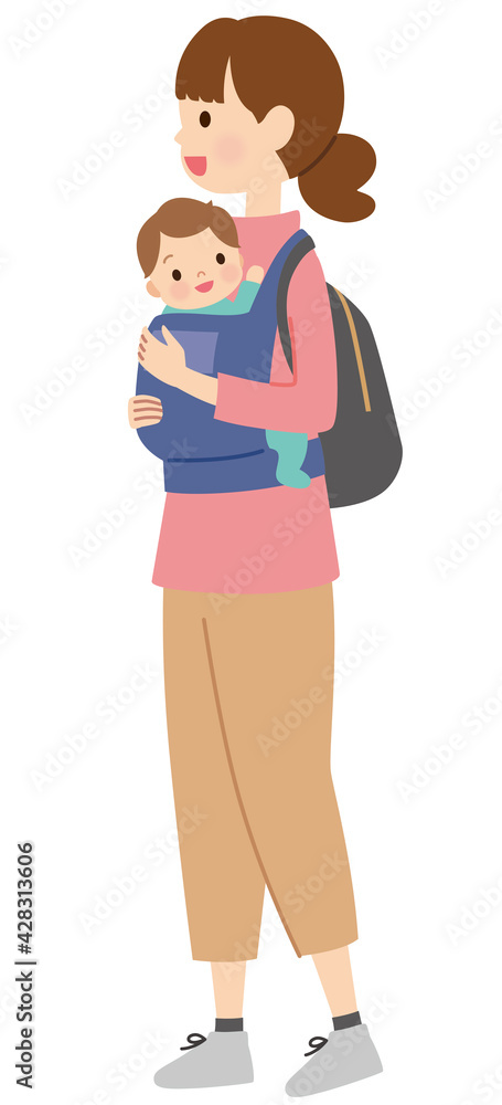 赤ちゃんを抱っこする母親 子育て 外出 赤ちゃんを抱っこする母親 子育て 外出