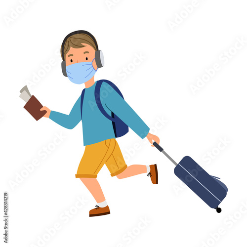 a man with a suitcase in a mask hurries to his transport, plane.
