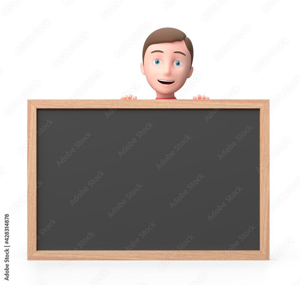 Young Boy Behind a Big Blank Blackboard. 3D Cartoon Character. Isolated on White