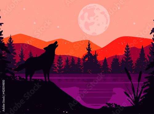 silhouette of a wolf. the wolf howls at the full moon. mountain landscape with water. vector. eps