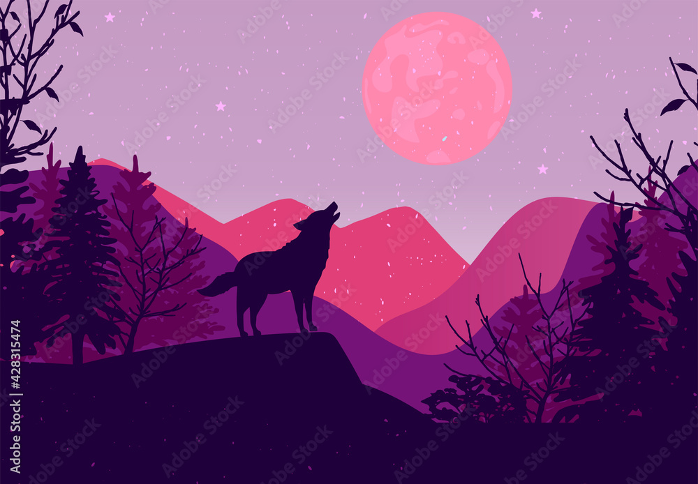 the wolf howls at the moon. Mountain landscape . vector. eps the wolf howls at the moon. Mountain landscape . vector. eps