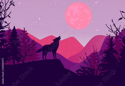 the wolf howls at the moon. Mountain landscape . vector. eps