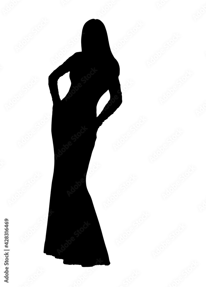 Fototapeta premium Silhouette of glamour woman in long dress posing on white background, 3D illustration, 3D rendering