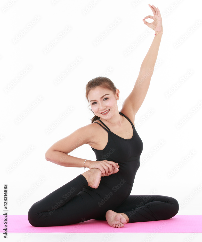 Asian woman exercise and stretching body with yoga pracetice. Concept for health and balance life Asian woman exercise and stretching body with yoga pracetice. Concept for health and balance life