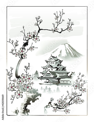 Japanese palace and branches of blossoming sakura on the background of the mountain. Vector illustration in traditional oriental style.