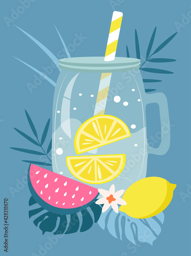 vector illustration - summer cocktail lemonade in a glass jar, watermelon, tropical leaves. trend illustration in flat style