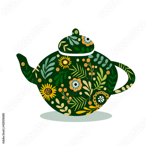 vector hand drawn illustration - teapot with floral ornament in green tones. herbal tea, tea drinking. trend illustration in flat style
