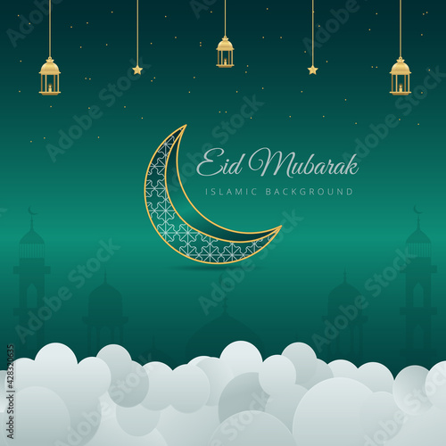 Crescent Islamic with mosque for Ramadan Kareem and eid mubarak. Golden Half Moon pattern,background.vector illustration
