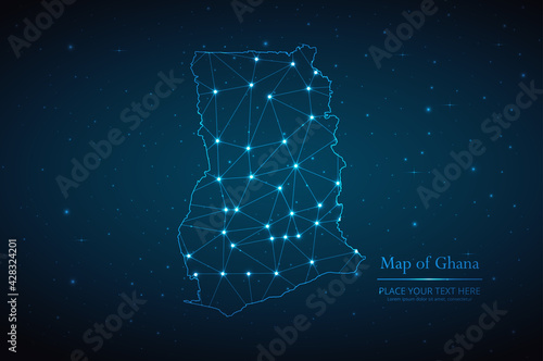 Abstract map of Ghana geometric mesh polygonal network line, structure and point scales on dark background. Vector illustration eps 10