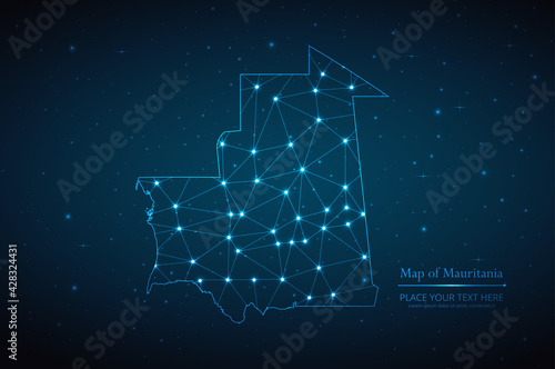 Abstract map of Mauritania geometric mesh polygonal network line, structure and point scales on dark background. Vector illustration eps 10