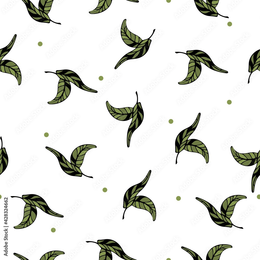 Seamless pattern with green leaves with veins and circles for clothing, textiles, packaging, wrapping paper. Hand-drawn floral pattern. Background. Seamless pattern with green leaves with veins and circles for clothing, textiles, packaging, wrapping paper. Hand-drawn floral pattern. Background.