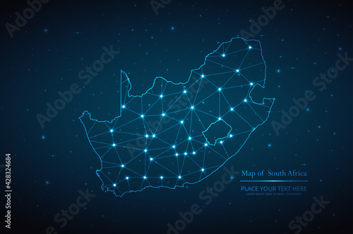 Abstract map of South Africa geometric mesh polygonal network line, structure and point scales on dark background. Vector illustration eps 10