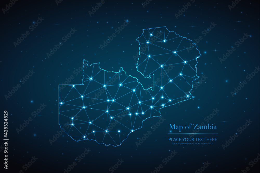 Obraz premium Abstract map of Zambia geometric mesh polygonal network line, structure and point scales on dark background. Vector illustration eps 10
