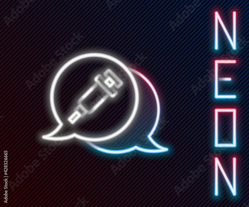 Glowing neon line Addiction to the drug icon isolated on black background. Heroin, narcotic, addiction, illegal. Sick junkie with a syringe and medical pills. Colorful outline concept. Vector