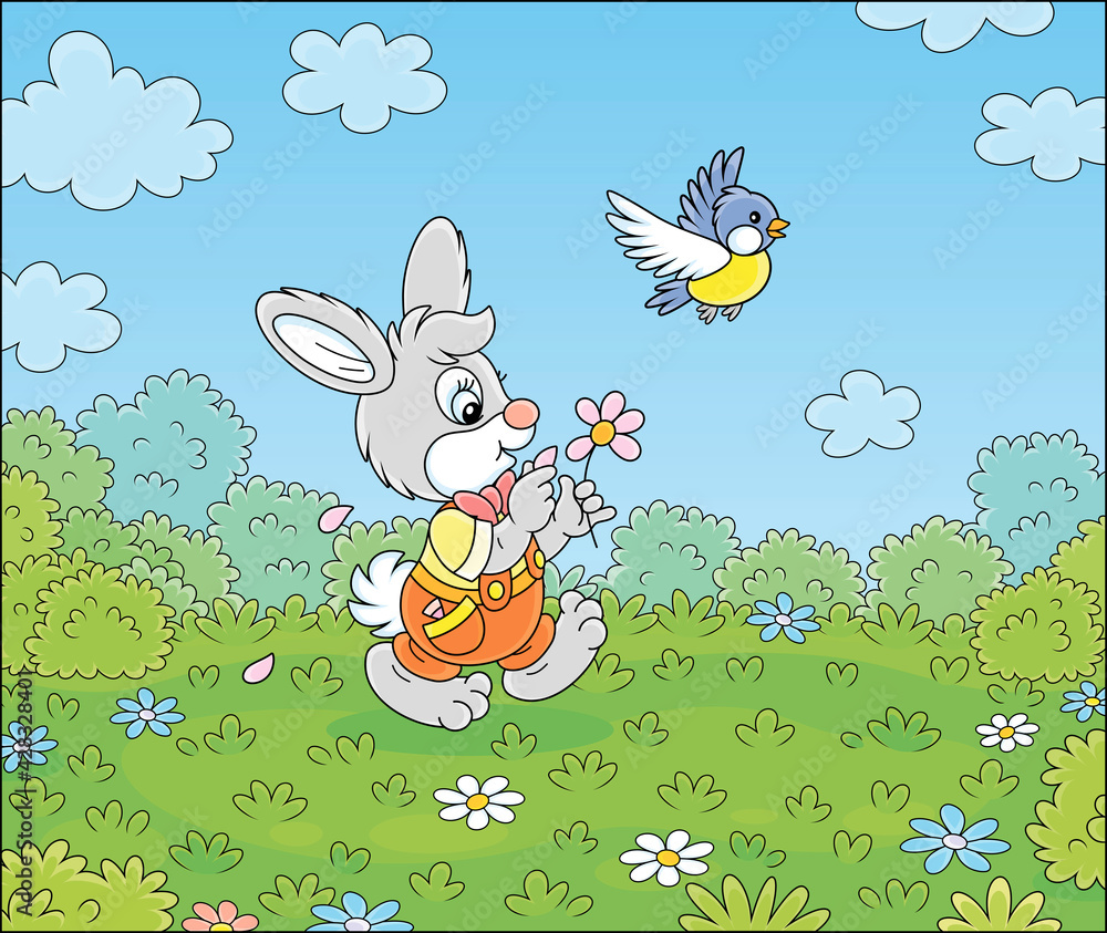 Little enamored bunny guessing on a daisy and walking on green grass of a pretty summer field with flowers on a beautiful warm day, vector cartoon illustration