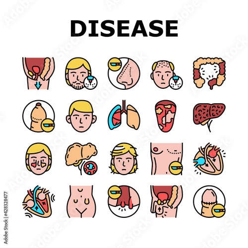 Disease Human Organ Collection Icons Set Vector. Colitis And Breast Gynecomastia, Hemorrhoids And Glossitis, Cryptorchidism And Systole Disease Concept Linear Pictograms. Contour Illustrations