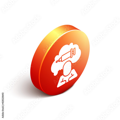 Isometric Addiction to the drug icon isolated on white background. Heroin, narcotic, addiction, illegal. Sick junkie with a syringe and medical pills. Orange circle button. Vector