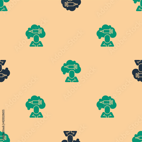 Green and black Addiction to the drug icon isolated seamless pattern on beige background. Heroin, narcotic, addiction, illegal. Sick junkie with a syringe and medical pills. Vector