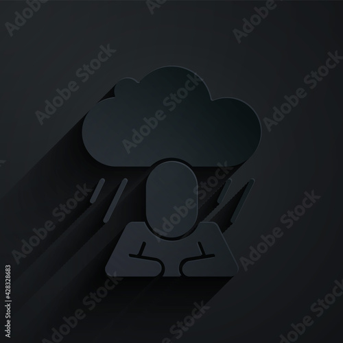 Paper cut Depression and frustration icon isolated on black background. Man in depressive state of mind. Mental health problems. Paper art style. Vector