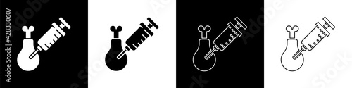 Set Gmo research chicken icon isolated on black and white background. Syringe being injected to chicken. Vector