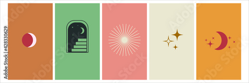 Vector set of linear icons and symbols - stars, moon, sun - abstract design elements for decoration or logo design templates in modern minimalist style