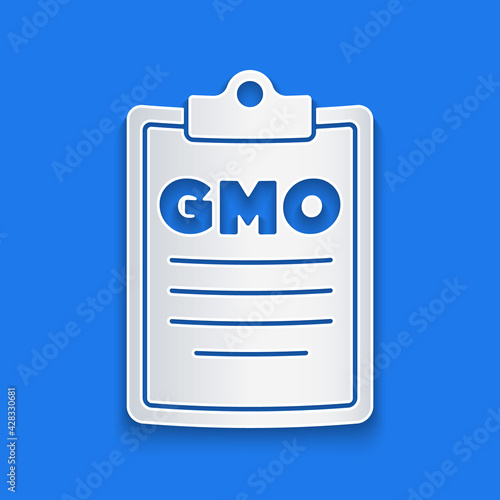 Paper cut GMO icon isolated on blue background. Genetically modified organism acronym. Dna food modification. Paper art style. Vector