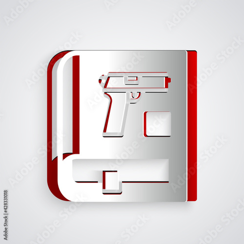Paper cut Book with pistol or gun icon isolated on grey background. Police or military handgun. Small firearm. Weapon catalog. Paper art style. Vector