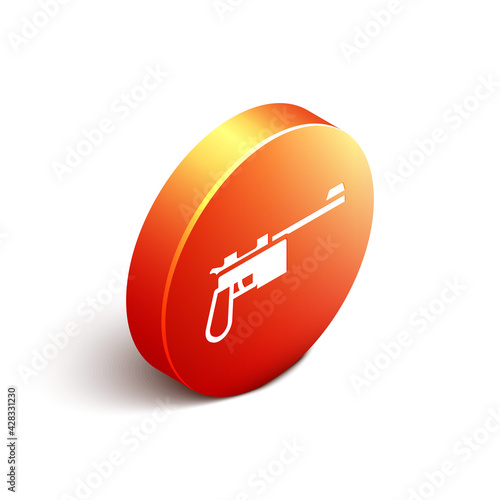 Isometric Mauser gun icon isolated on white background. Mauser C96 is a semi-automatic pistol. Orange circle button. Vector