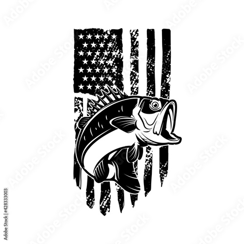 Bass fish on american flag background . Design element for logo, label, sign, emblem, poster. Vector illustration