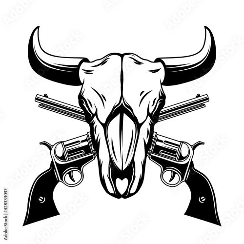 Illustration of buffalo skull and cowboy revolvers . Design element for logo, label, sign, emblem, poster. Vector illustration