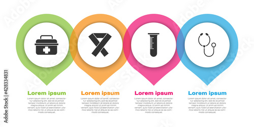 Set First aid kit, Awareness ribbon, Test tube and flask and Stethoscope. Business infographic template. Vector