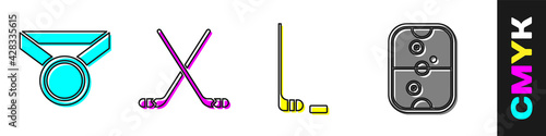 Set Medal, Ice hockey sticks, Ice hockey stick and puck and Air hockey table icon. Vector
