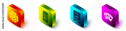Set Isometric Casino chips, Casino poker tournament invitation, Casino dealer and Deck of playing cards icon. Vector