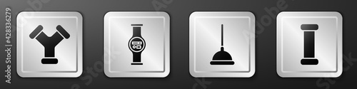 Set Industry metallic pipe, Water meter, Rubber plunger and Industry metallic pipe icon. Silver square button. Vector