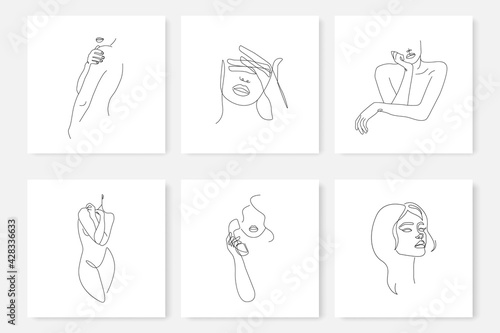 Woman Abstract Faces One Line Drawing Prints Set of 6. FEmale Faces Portrait Minimalist Style. Modern Minimal Prints. Trendy Illustration Continuous Line Art. Fashion Minimal Logo. Vector EPS 10