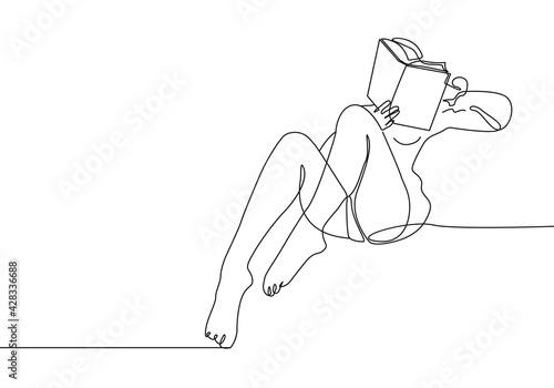 Trendy Line Art Woman with Book. Minimalistic Black Lines Drawing. Female Figure Continuous One Line Abstract Drawing. Modern Scandinavian Design. Vector Illustration.