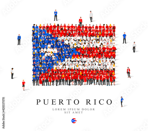 A large group of people are standing in blue, white and red robes, symbolizing the flag of Puerto Rico.