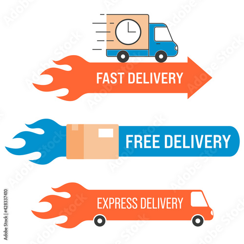 Free and Fast Delivery labels set. Express delivery truck icon. Vector illustration