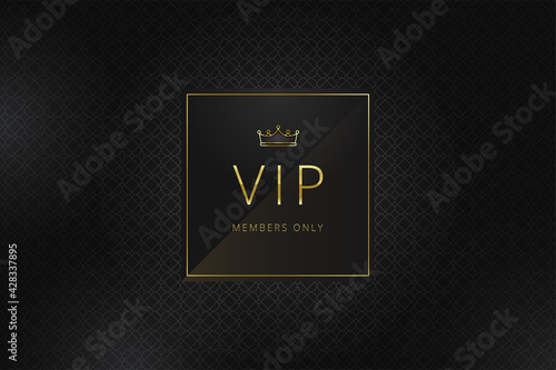 VIP banner design template. Square badge with golden frame and crown on a black pattern background. Luxury premium design. Vector illustration