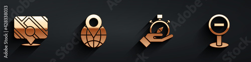 Set Infographic of city map navigation, Location on the globe, Compass and Stop sign icon with long shadow. Vector