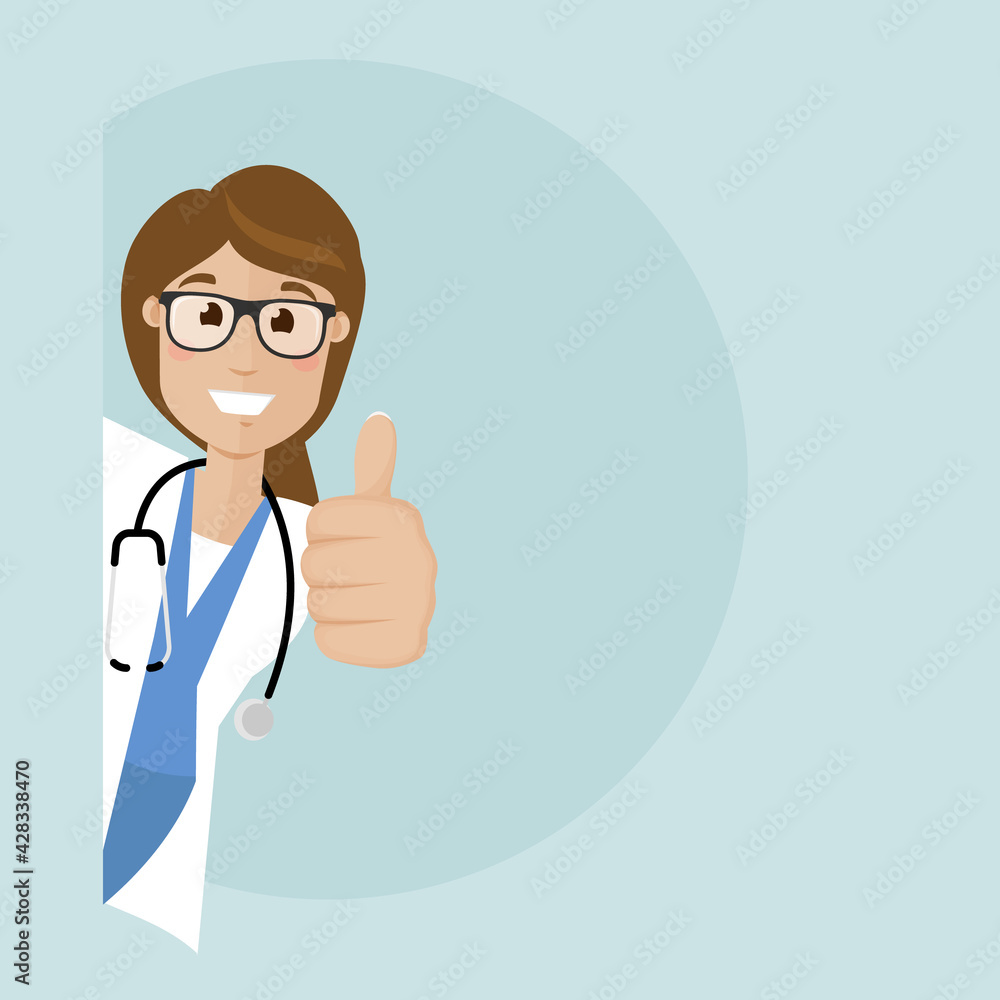 The female doctor peeks around the corner and show hand with thumb up. Vector flat illustration. The female doctor peeks around the corner and show hand with thumb up. Vector flat illustration.