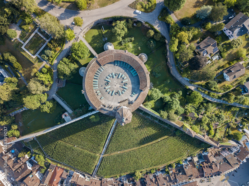 Drone image of Swiss old town Schaffhausen, with the medieval castle Munot. Munot is the landmark of this town.