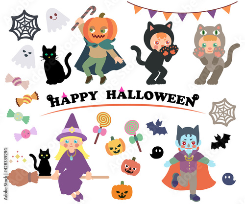 ハロウィンの仮装をしている子供たちのイラスト【セット】