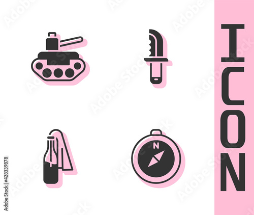 Set Compass, Military tank, Cocktail molotov and knife icon. Vector
