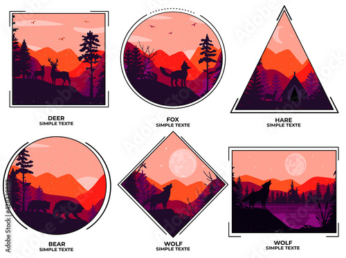 landscape with mountains. landscape with animals forest. landscape in different frames with mountains and forest. silhouette of animals on a background of mountains. vector. eps.