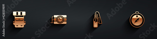 Set Hiking backpack, Dynamite and timer clock, Cocktail molotov and Compass icon with long shadow. Vector