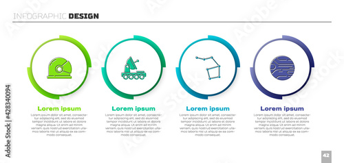 Set Astronaut helmet, Mars rover, Great Bear constellation and Planet. Business infographic template. Vector